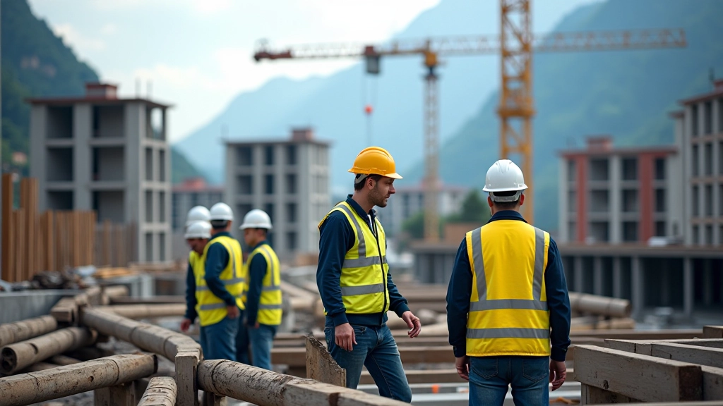 Chantier de construction à Grenoble, ouvriers en gilets jaunes, grue et structure de bâtiment
