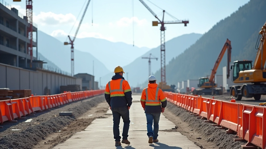 Construction en cours avec grues, ouvriers, matériaux de construction, chantier moderne avec mesures de sécurité visibles