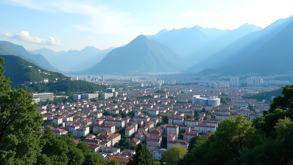 Vue aérienne de Grenoble avec montagnes en arrière-plan, quartiers urbains, zones résidentielles et espaces verts