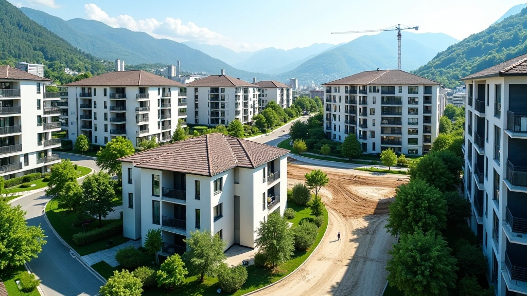 Vue aérienne du quartier Presqu'île en construction avec bâtiments modernes et espaces verts, mélange résidentiel-commercial, jour clair