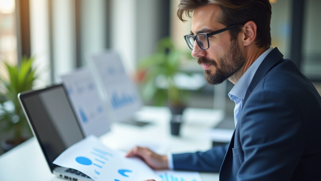 Professionnel travaillant sur l'analyse du marché immobilier, documents et graphiques sur bureau