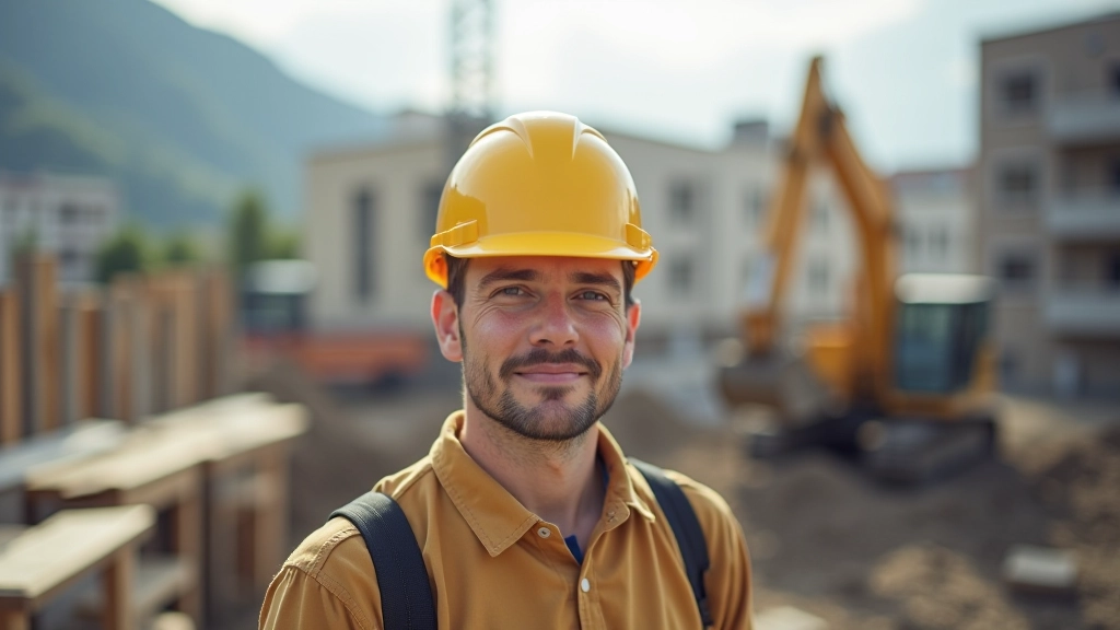 Ouvriers sur un chantier de construction, casque de sécurité jaune, excavatrice en arrière-plan, site urbain
