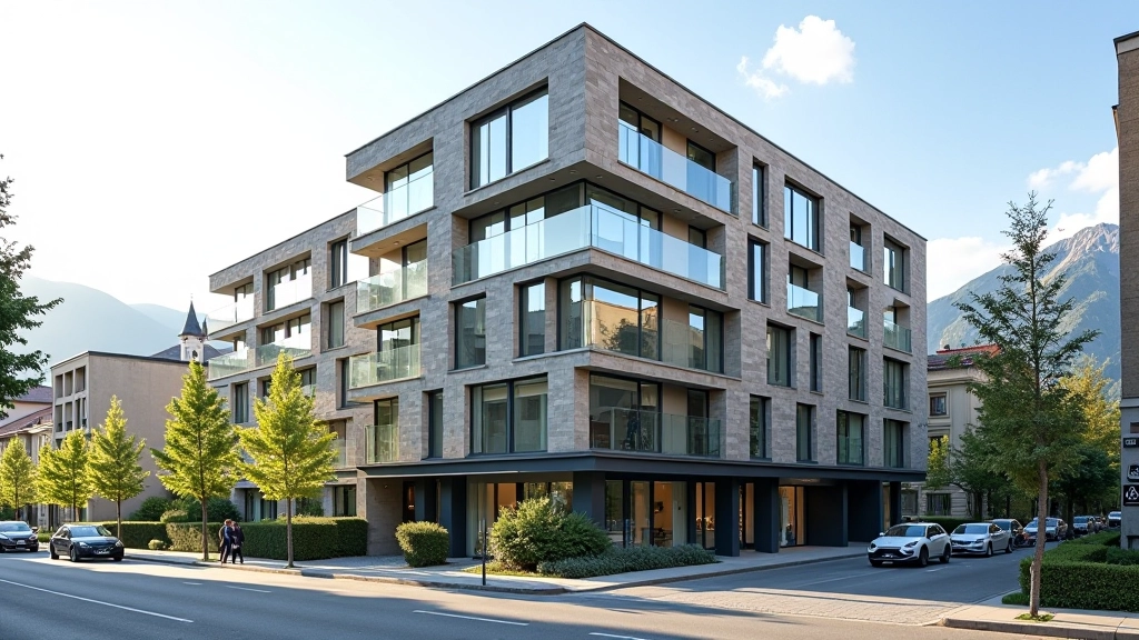 Immeuble résidentiel moderne à Grenoble avec façade en verre et pierre, architecture contemporaine