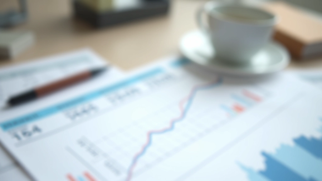 Graphique immobilier sur un bureau avec café et stylo, documents financiers, tableau de prix, ambiance professionnelle