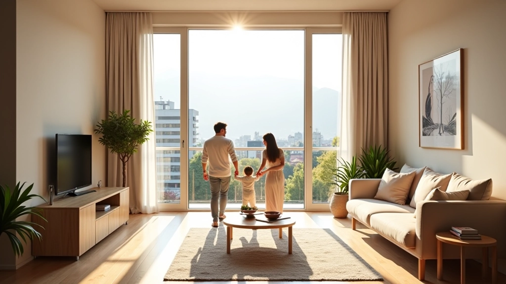 Famille dans un nouvel appartement lumineux, fenêtres grandes, vue sur la ville, intérieur moderne, ambiance accueillante