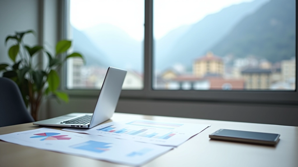 Bureau moderne avec vue sur la ville de Grenoble, documents immobiliers sur le bureau, lumière naturelle