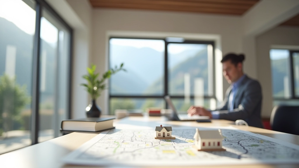 Bureau d'expertise immobilière moderne à Grenoble avec cartes et maquettes de propriétés
