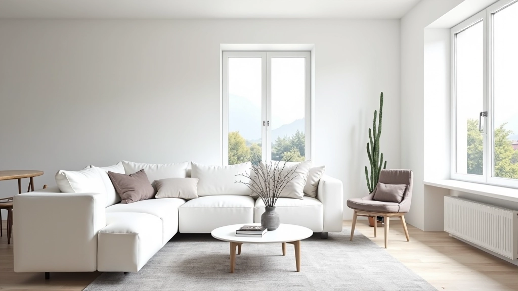 Intérieur moderne d'un appartement rénové, salon lumineux avec grandes fenêtres, murs blancs, mobilier contemporain