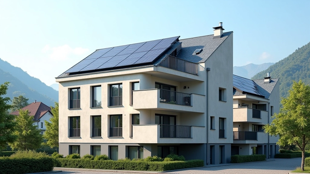 Bâtiment résidentiel avec panneaux solaires, immeuble collectif moderne avec façade claire, architecture durable à Grenoble