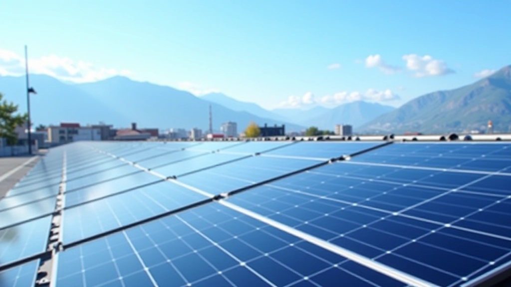 Panneaux solaires photovoltaïques sur un toit de bâtiment moderne à Grenoble, ciel bleu, rangées de modules